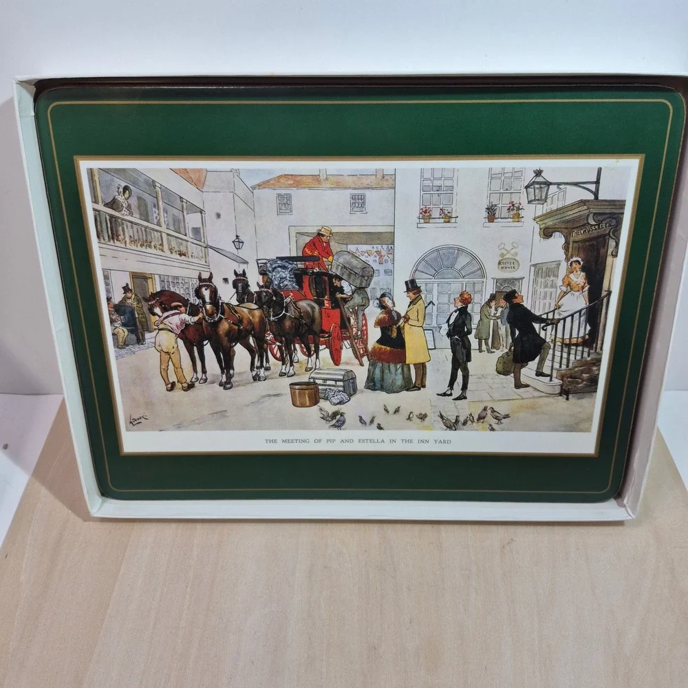 Pimpernel Charles Dickens Placemats Set of 6 Cork Back Green Gold English Scenes
